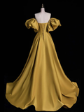 Niulatu Yellow A-line Satin Long Prom Dress HZ1110