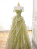 Niulatu Off Shoulder Tulle Lace Green Long Prom Dress HZ1110