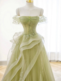 Niulatu Off Shoulder Tulle Lace Green Long Prom Dress HZ1110