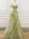 Niulatu Off Shoulder Tulle Lace Green Long Prom Dress HZ1110