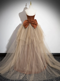 Niulatu Satin Tulle Long Brown Prom Dress HZ1110