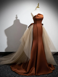 Niulatu Satin Tulle Long Brown Prom Dress HZ1110