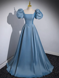 Niulatu A-Line Satin Blue Long Prom Dress HZ1110