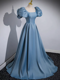 Niulatu A-Line Satin Blue Long Prom Dress HZ1110