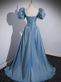 Niulatu A-Line Satin Blue Long Prom Dress HZ1110