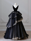 Niulatu Gown Black V Neck Tulle Velvet Sweet 16 Dress HZ1110