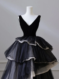 Niulatu Gown Black V Neck Tulle Velvet Sweet 16 Dress HZ1110