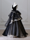 Niulatu Gown Black V Neck Tulle Velvet Sweet 16 Dress HZ1110