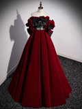 Niulatu Off Shoulder Velvet Lace Burgundy Long Prom Dress HZ1110