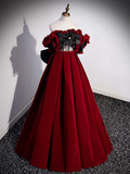 Niulatu Off Shoulder Velvet Lace Burgundy Long Prom Dress HZ1110