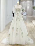 Niulatu Off Shoulder Tulle Lace Applique White Long Prom Dress HZ1110