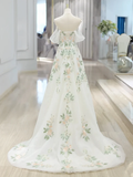 Niulatu Off Shoulder Tulle Lace Applique White Long Prom Dress HZ1110