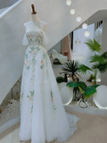 Niulatu Off Shoulder Tulle Lace Applique White Long Prom Dress HZ1110