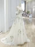 Niulatu Off Shoulder Tulle Lace Applique White Long Prom Dress HZ1110