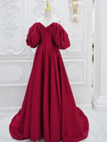Niulatu Puff Sleeves Satin Dark Red Long Prom Dress HZ1110
