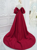Niulatu Puff Sleeves Satin Dark Red Long Prom Dress HZ1110