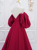 Niulatu Puff Sleeves Satin Dark Red Long Prom Dress HZ1110