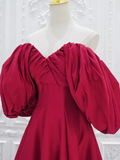 Niulatu Puff Sleeves Satin Dark Red Long Prom Dress HZ1110