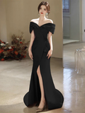 Niulatu Off Shoulder Satin Mermaid Black Long Prom Dress HZ1110