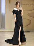 Niulatu Off Shoulder Satin Mermaid Black Long Prom Dress HZ1110