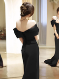 Niulatu Off Shoulder Satin Mermaid Black Long Prom Dress HZ1110