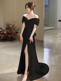 Niulatu Off Shoulder Satin Mermaid Black Long Prom Dress HZ1110