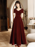 Niulatu V Neck Velvet Burgundy Long Prom Dress HZ1110