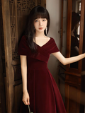 Niulatu V Neck Velvet Burgundy Long Prom Dress HZ1110