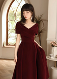Niulatu V Neck Velvet Burgundy Long Prom Dress HZ1110