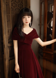 Niulatu V Neck Velvet Burgundy Long Prom Dress HZ1110