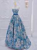 Niulatu Flower Satin Blue Long Prom Dress HZ1110