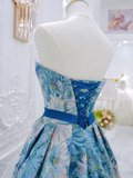 Niulatu Flower Satin Blue Long Prom Dress HZ1110
