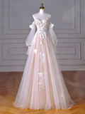 Niulatu Long Sleeves Tulle Lace Champagne Long Prom Dress HZ1110