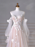 Niulatu Long Sleeves Tulle Lace Champagne Long Prom Dress HZ1110