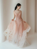 Niulatu V Neck Tulle Pink Long Prom Dress HZ1110