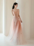 Niulatu V Neck Tulle Pink Long Prom Dress HZ1110