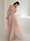 Niulatu V Neck Tulle Pink Long Prom Dress HZ1110