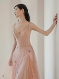 Niulatu V Neck Tulle Pink Long Prom Dress HZ1110