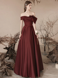Niulatu Off Shoulder Satin Burgundy Long Prom Dress HZ1110