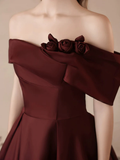 Niulatu Off Shoulder Satin Burgundy Long Prom Dress HZ1110