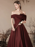 Niulatu Off Shoulder Satin Burgundy Long Prom Dress HZ1110