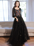 Niulatu long sleeves Tulle Lace Black Long Prom Dress HZ1110