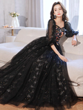 Niulatu long sleeves Tulle Lace Black Long Prom Dress HZ1110