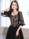 Niulatu long sleeves Tulle Lace Black Long Prom Dress HZ1110
