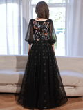 Niulatu long sleeves Tulle Lace Black Long Prom Dress HZ1110