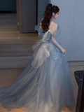 Niulatu A line Straps Gray Tulle Long Prom Dress HZ1110