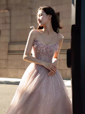Niulatu A line Straps Pink Tulle Long Prom Dress HZ1110