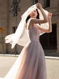 Niulatu A line Straps Pink Tulle Long Prom Dress HZ1110