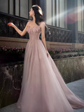 Niulatu A line Straps Pink Tulle Long Prom Dress HZ1110