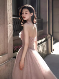 Niulatu A line Straps Pink Tulle Long Prom Dress HZ1110